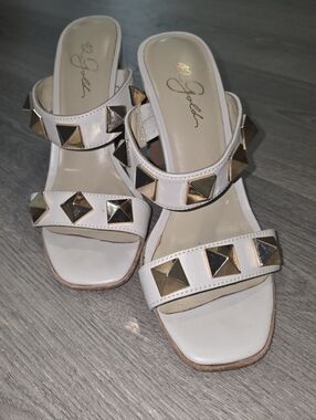 42 GOLD White Slide Sandals with Gold Pyramid Studs